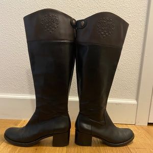 Tall black leather Vince Camuto boots with brown leather top cuff